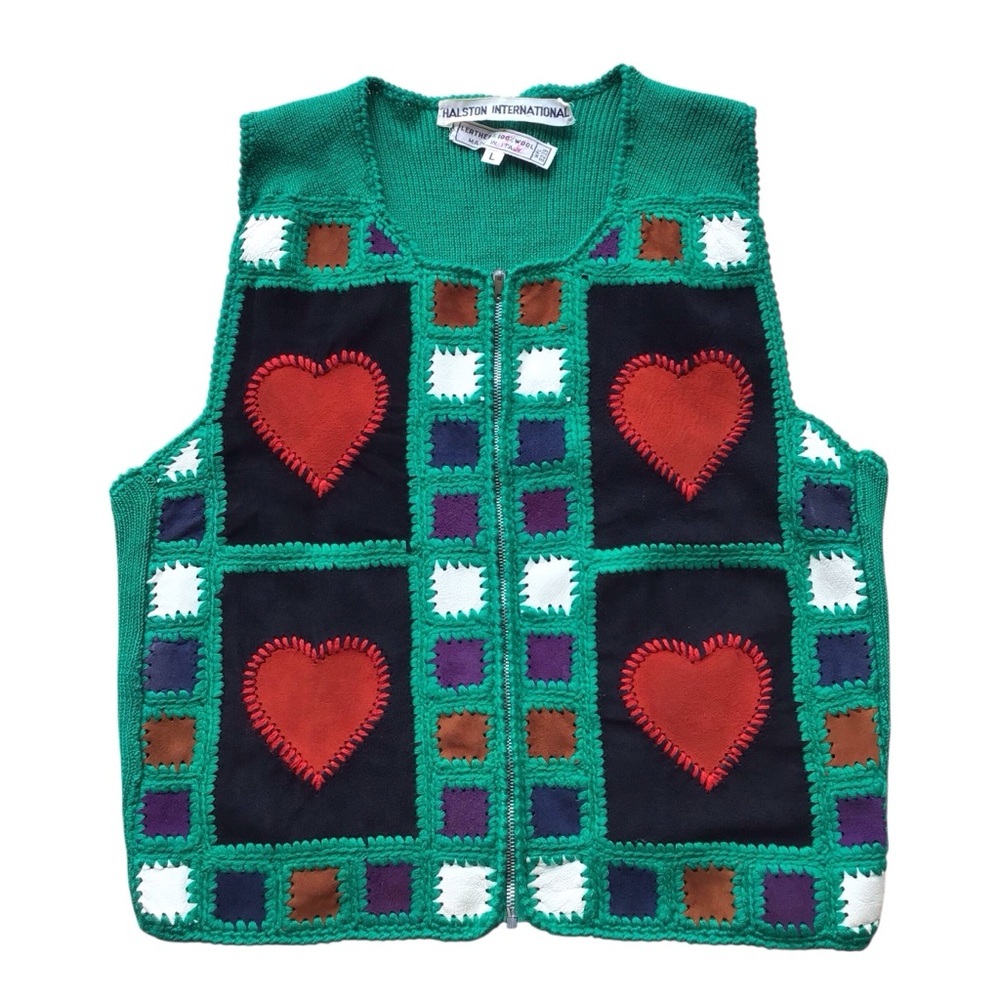 Halston Heritage RARE Vtg 70s Leather Patchwork Crochet Wool Zip Sweater Vest